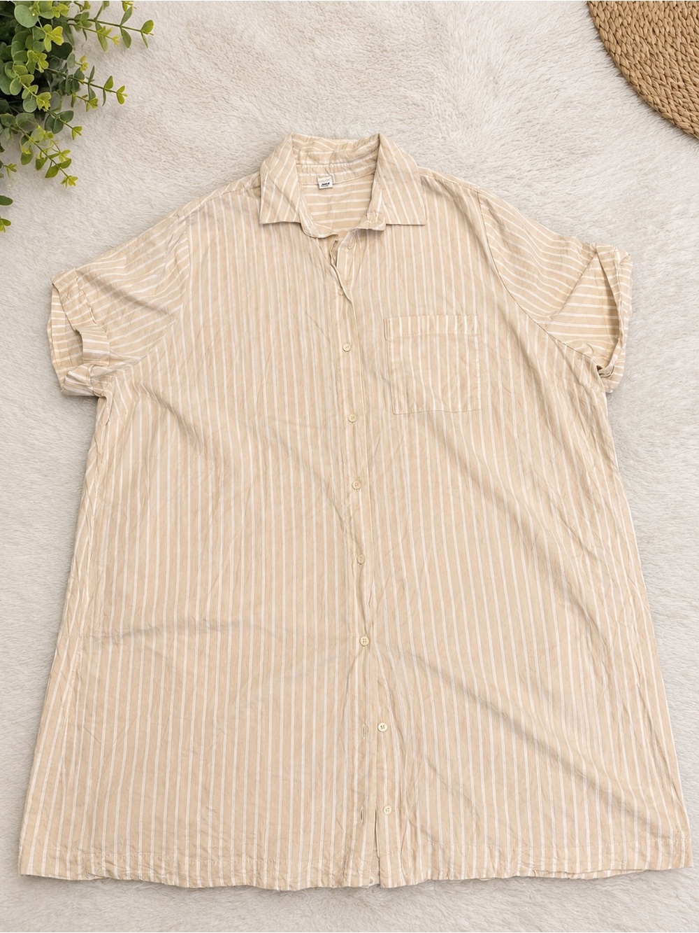 Old Navy Beige and White Striped Short-Sleeve Button-Down Shirt with pocket